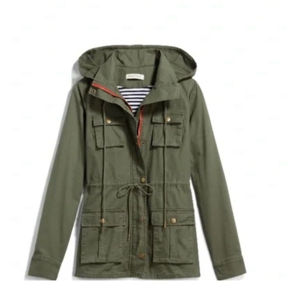 Market & Spruce Olive Hooded Cargo Jacket Drawstring Waist Small